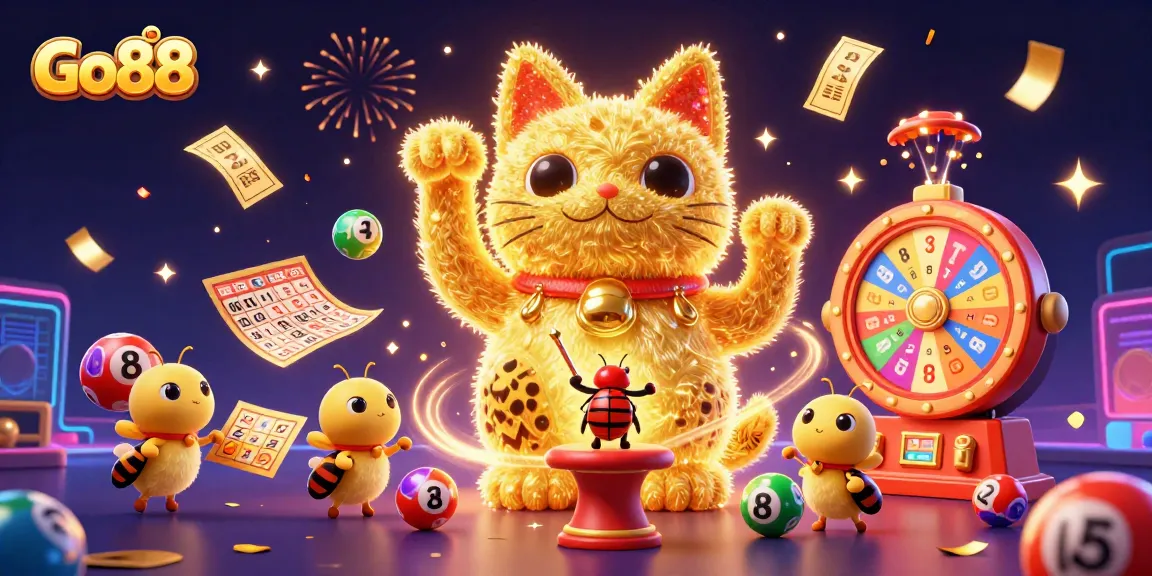 Engage with Go88's vibrant casino experience featuring dynamic golden fireflies, lucky cat symbols, and lottery elements.