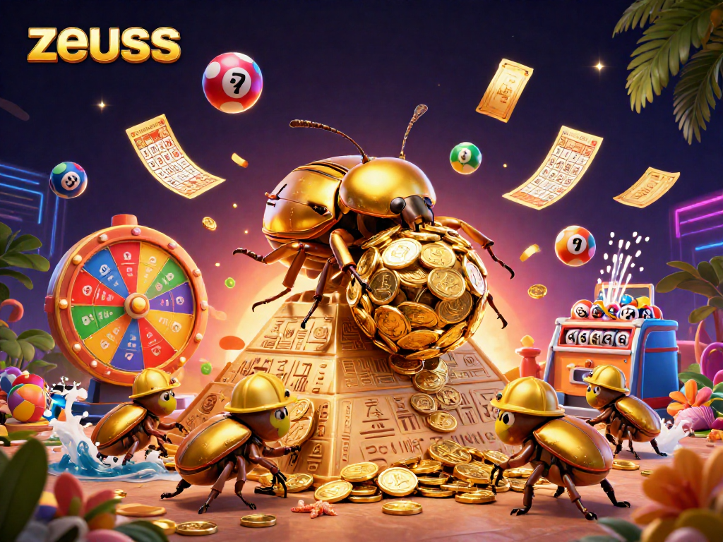 Engage with Zeus-themed slot gameplay featuring golden beetles and rich casino elements.