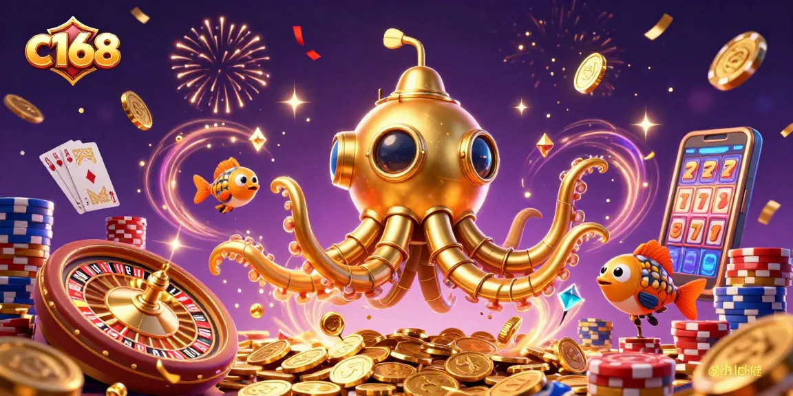 Experience the thrilling world of c168 casino with a golden kraken submarine amidst vibrant game action.