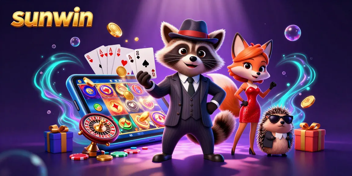 Join the fun at sunwin gaming with a raccoon holding a royal flush and engaging slots!