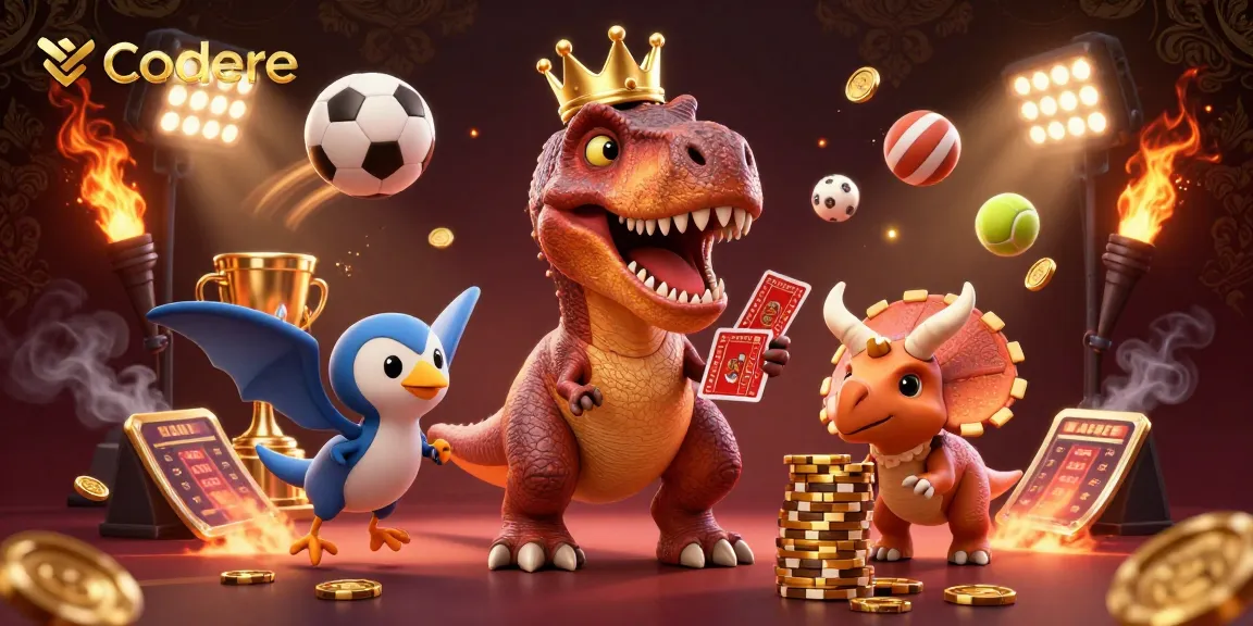 Experience dynamic sports betting with Codere as cartoon dinosaurs engage in gambling activities.