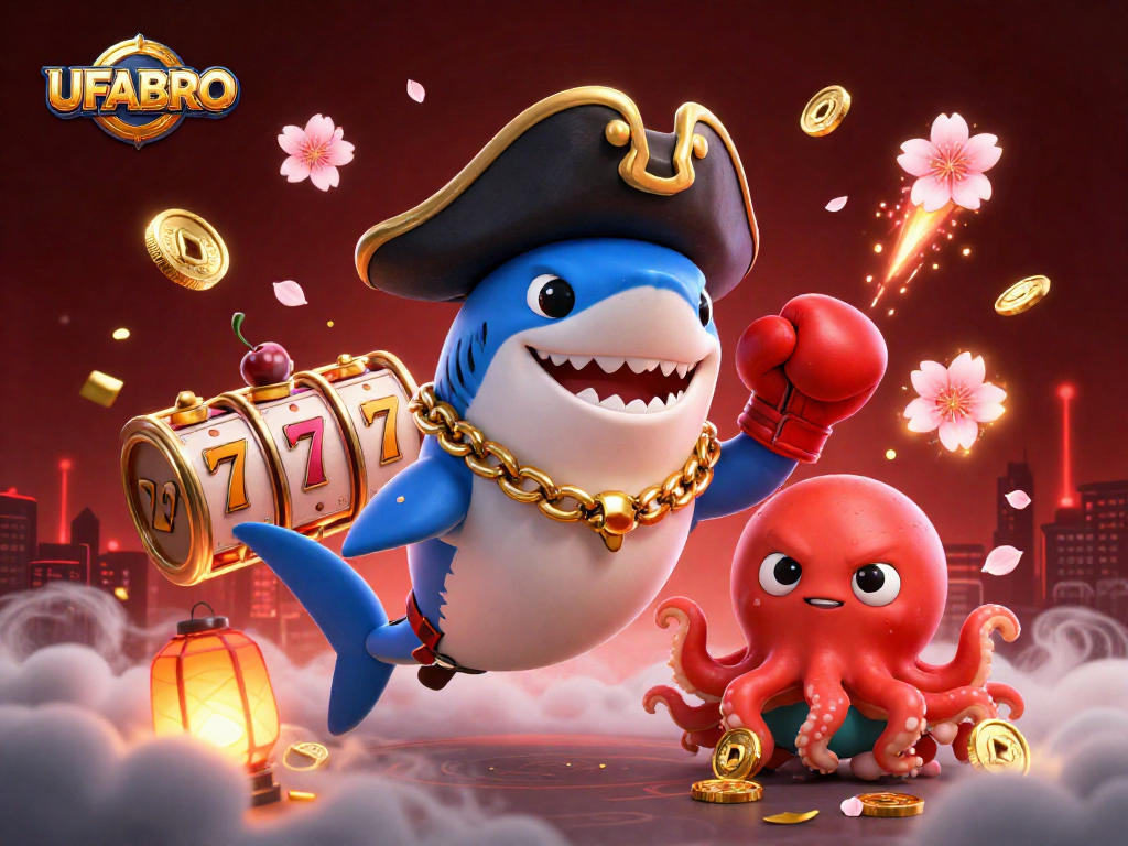 Bet on UFABRO to win with a vibrant 3D casino scene featuring characters and slot game elements.