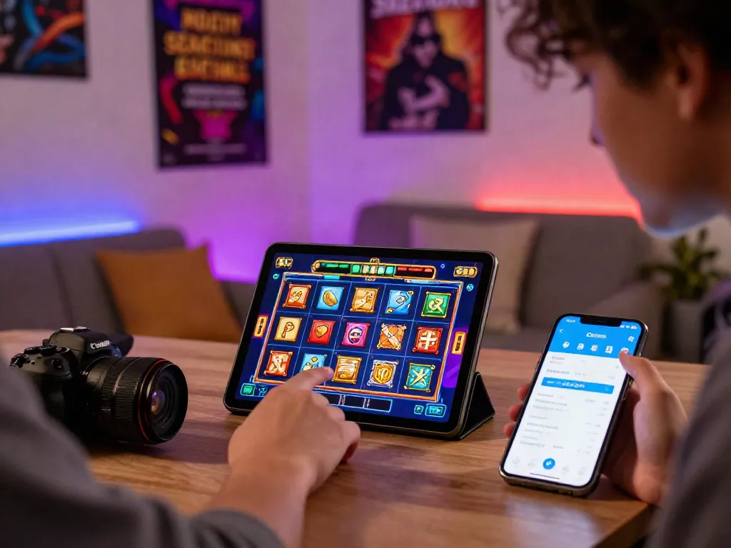 Exciting slot resmi gaming experience with a wallet app in use, showcasing vibrant graphics and a cozy gaming environment.