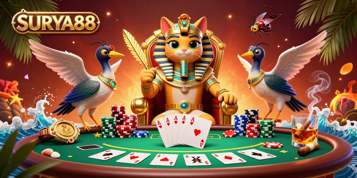 SURYA88 showcases a vibrant poker scene with a pharaoh cat and dynamic gaming elements.