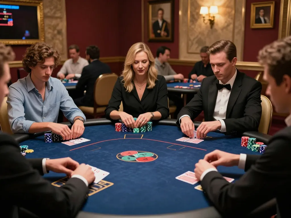 Players strategizing with cards on a poker table at an upscale casino, showcasing the dynamic m124 gaming atmosphere.