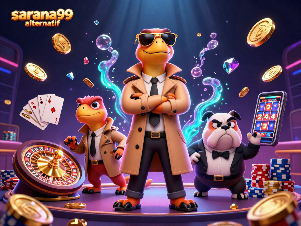 Experience the thrill of sarana99 alternatif with raptors in a trench coat entering a casino lounge.