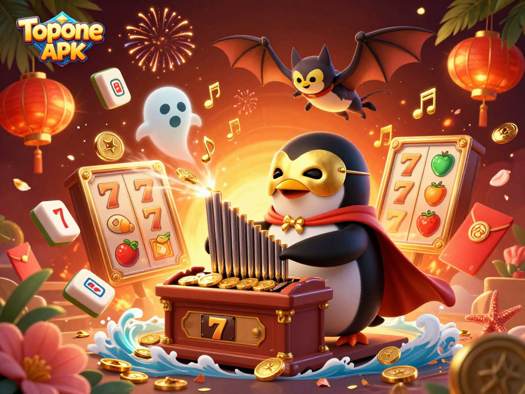 Experience Topone APK's vibrant, gaming energy with a penguin and magical casino elements.