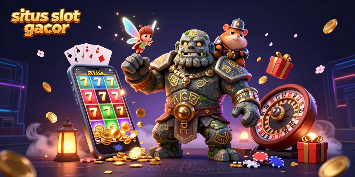 Gambar situs slot gacor dengan golem penjaga, peri dan hamster kesatria yang menciptakan keajaiban permainan.