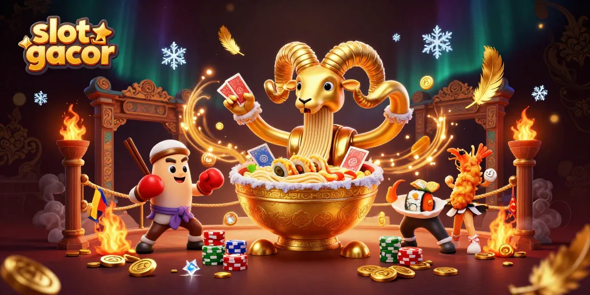 Experience slot gacor excitement with a giant ramen bowl dealer bustling in a lavish casino scene.