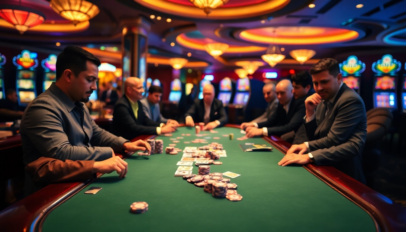 Engage in a thrilling Poker Game at a luxurious casino table filled with chips and cards.