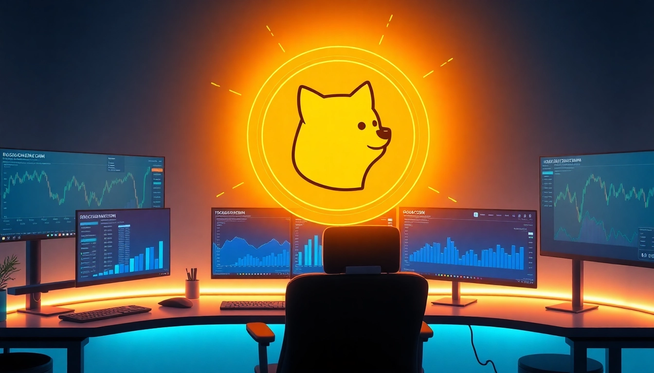 Engaging visual of dogecoin cloud mining tools in a modern digital workspace.