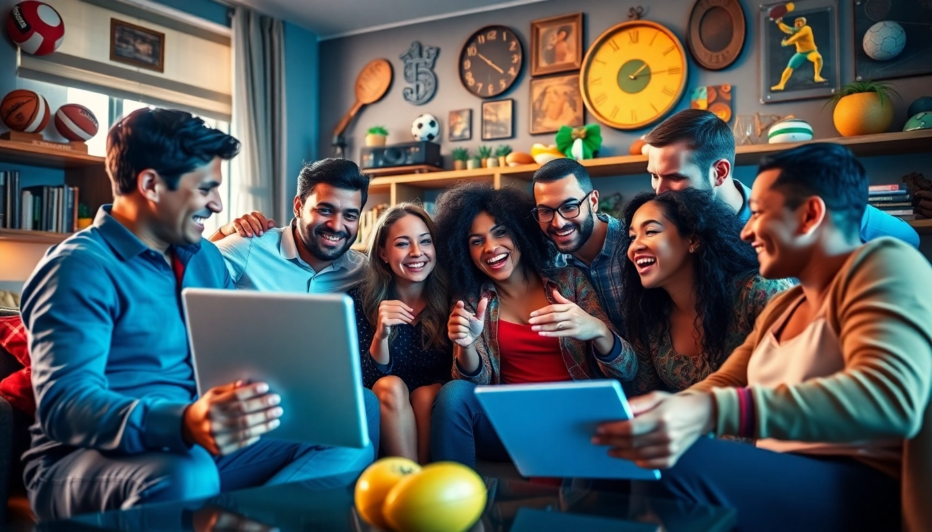 Group of friends excitedly engaging in sports betting activities with an online platform.