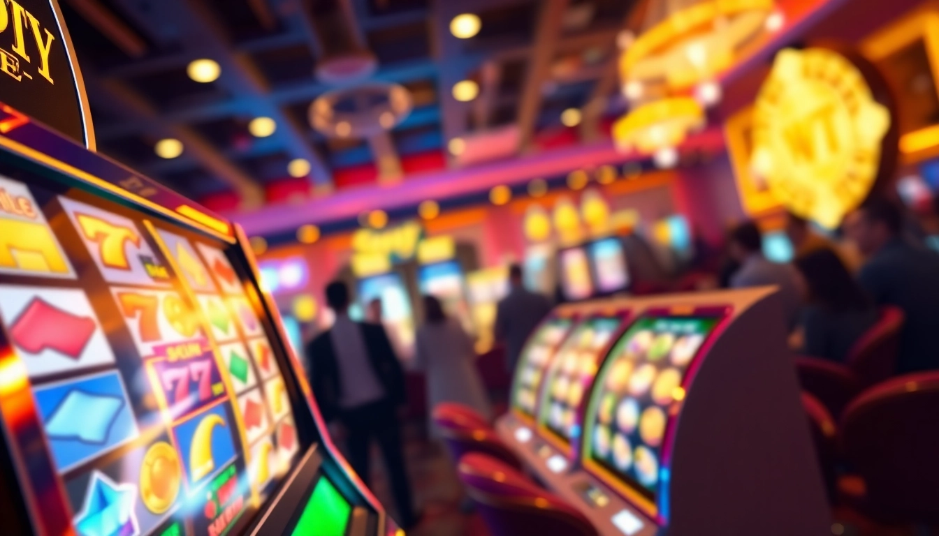 Menangkan slot game di mesin slot berwarna-warni dengan pemain di latar belakang.