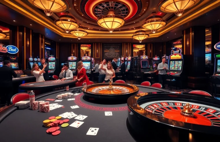 Experience thrilling gambling action at https://thabet.vegas/ with vibrant casino tables and slot machines.