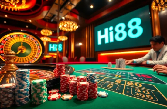 Experience the thrilling action of Hi88 with vibrant poker chips and a strategic roulette wheel.