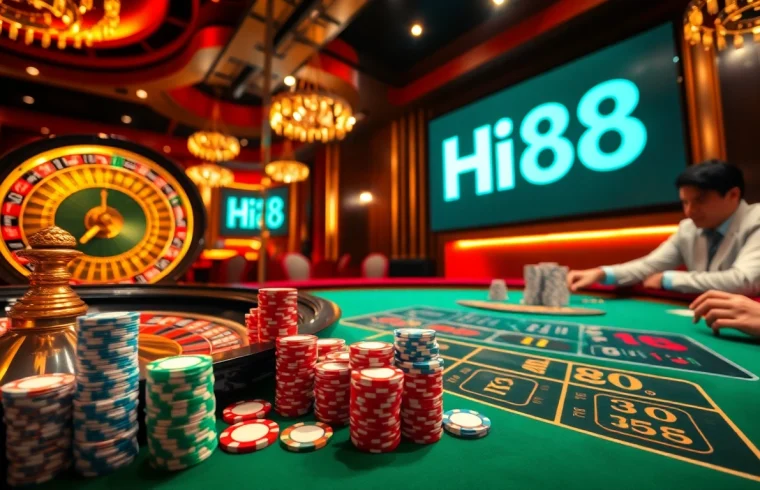 Experience the thrilling action of Hi88 with vibrant poker chips and a strategic roulette wheel.
