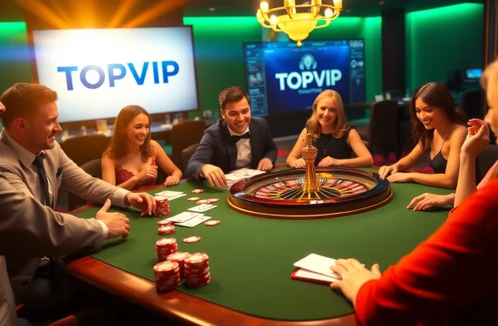 TOPVIP players enjoying a lively poker game with luxury casino elements.