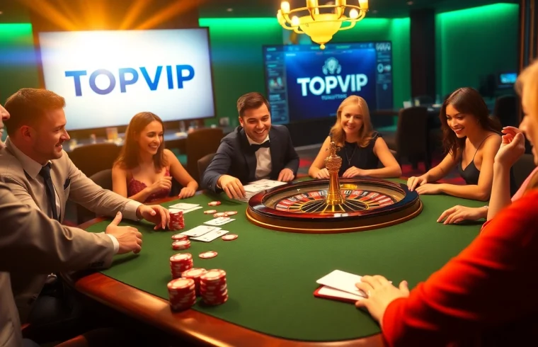 TOPVIP players enjoying a lively poker game with luxury casino elements.