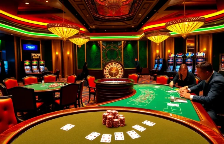 Experience the excitement of 789win with players enjoying poker at a luxurious casino.
