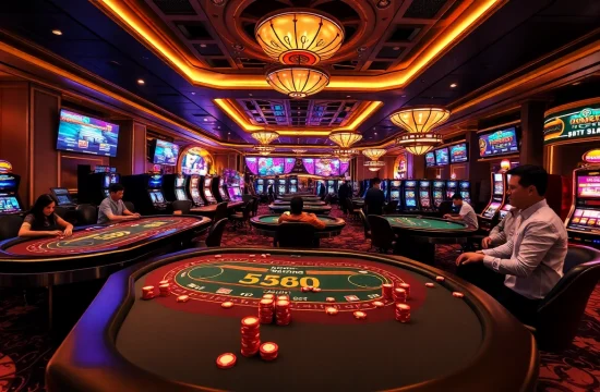 Engaged players participate in Đá Gà Thomo BJ888 on a vibrant casino floor.