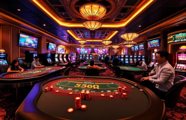 Engaged players participate in Đá Gà Thomo BJ888 on a vibrant casino floor.