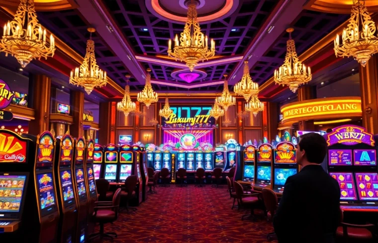 Main player enjoying luxury777 game di kasino mewah dengan mesin slot berwarna.