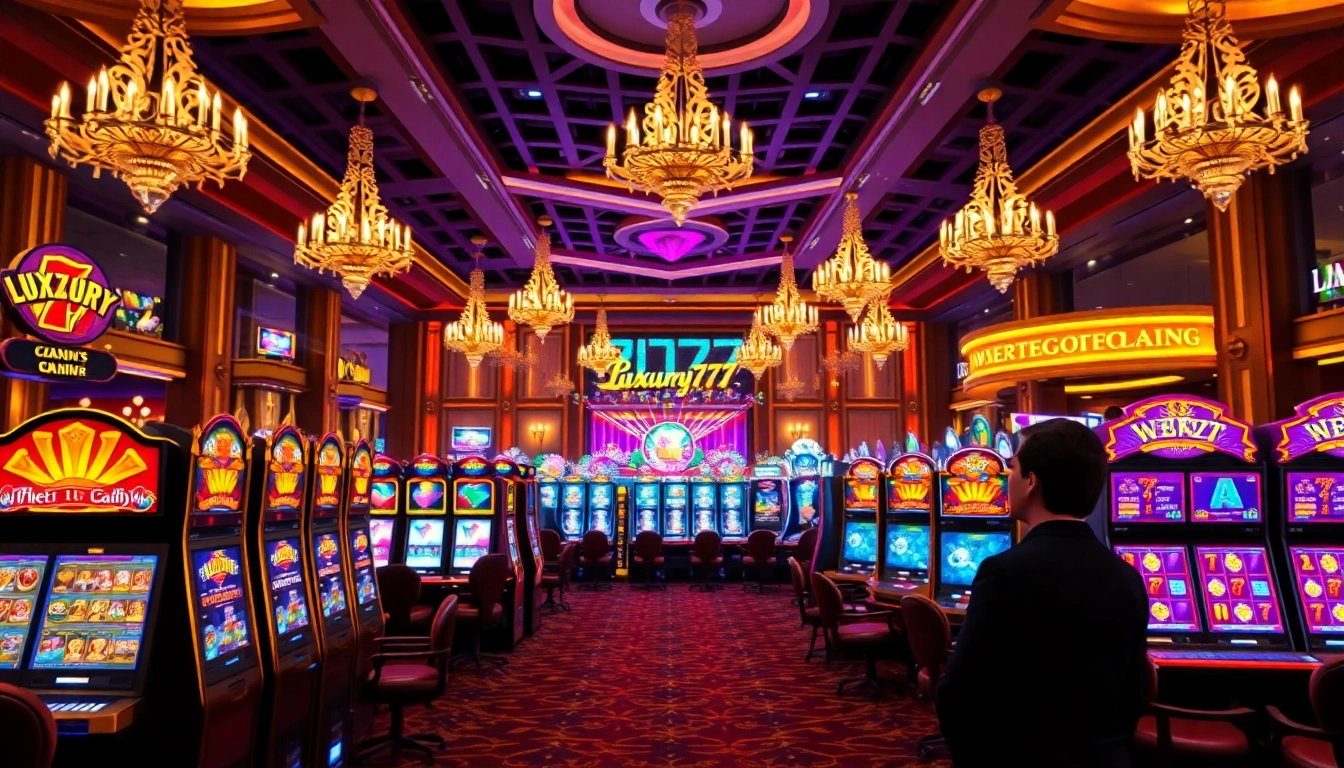 Main player enjoying luxury777 game di kasino mewah dengan mesin slot berwarna.