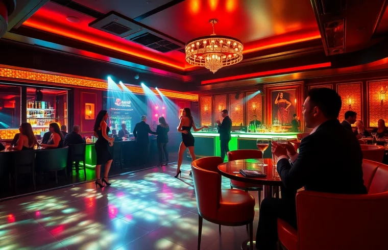 Dinner sxm at Club Noir, featuring an energetic nightlife scene with dancers and luxurious cocktails.