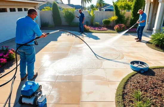 Concrete cleaning transformation with professionals washing a driveway.
