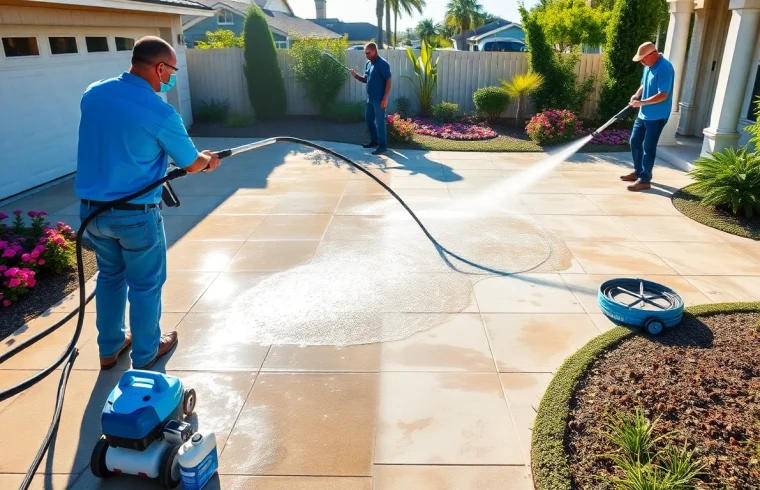Concrete cleaning transformation with professionals washing a driveway.