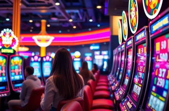 Mainkan slot gacor dengan mesin slot berkilau dalam suasana kasino yang ramai.