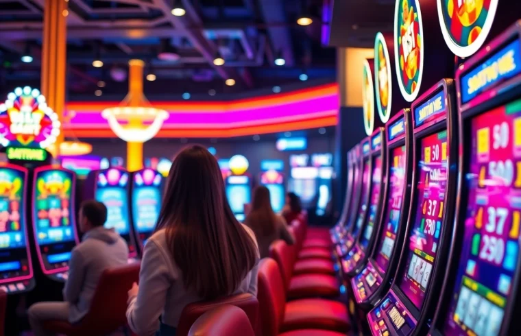 Mainkan slot gacor dengan mesin slot berkilau dalam suasana kasino yang ramai.