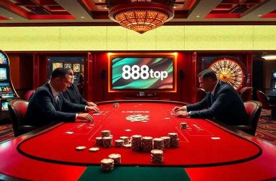 Experience the excitement of betting at 888top's luxury casino, featuring poker tables and vibrant slot machines.
