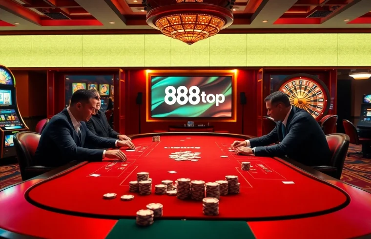 Experience the excitement of betting at 888top's luxury casino, featuring poker tables and vibrant slot machines.