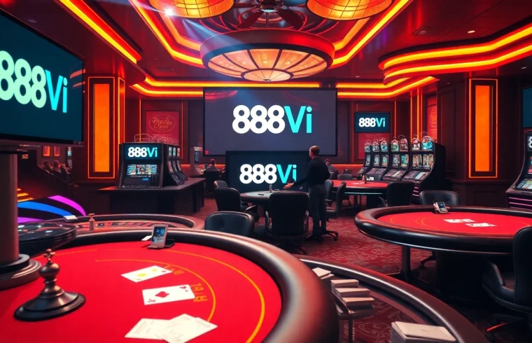 Experience a vibrant poker game at 888VI's luxurious online casino.
