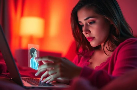 Sexting AI interaction showing a user engaged with a playful AI character on a sleek device in a romantic setting.