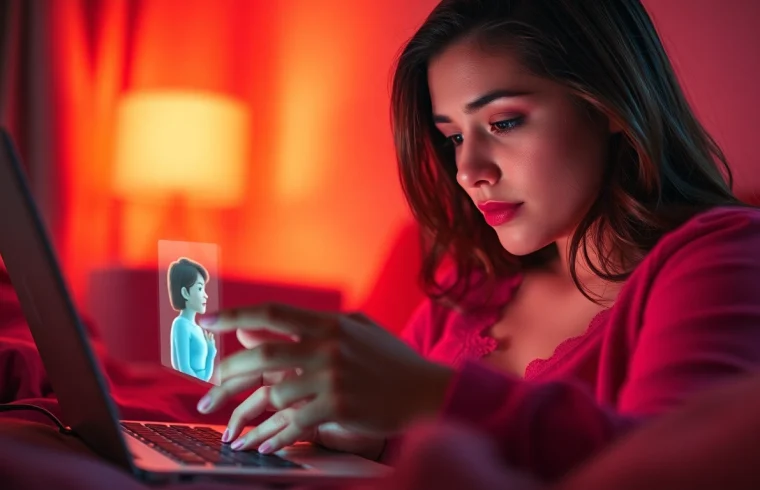 Sexting AI interaction showing a user engaged with a playful AI character on a sleek device in a romantic setting.