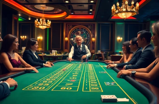 에볼루션 바카라 테이블에서 즐기는 플레이어들, 고급스러운 카지노 환경을 배경으로 합니다.