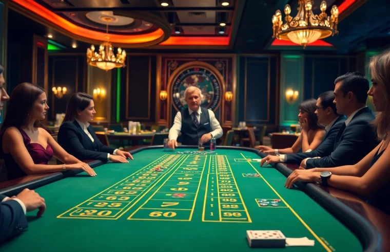 에볼루션 바카라 테이블에서 즐기는 플레이어들, 고급스러운 카지노 환경을 배경으로 합니다.