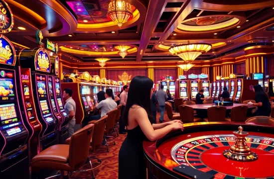 Action-packed casino scene featuring slot gacor hari ini with excited players at colorful machines.