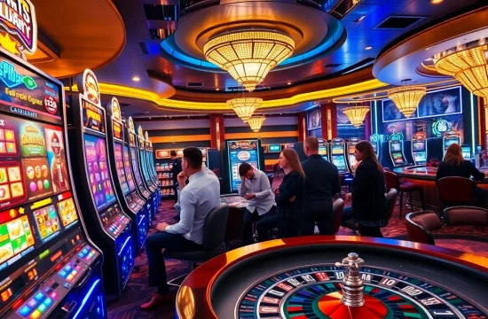 Excitement at a luxurious casino with vibrant slot gacor machines and jubilant players.