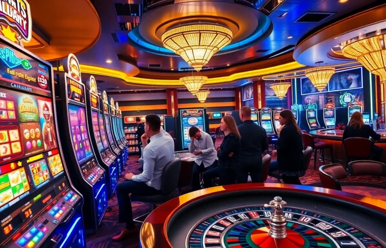 Excitement at a luxurious casino with vibrant slot gacor machines and jubilant players.