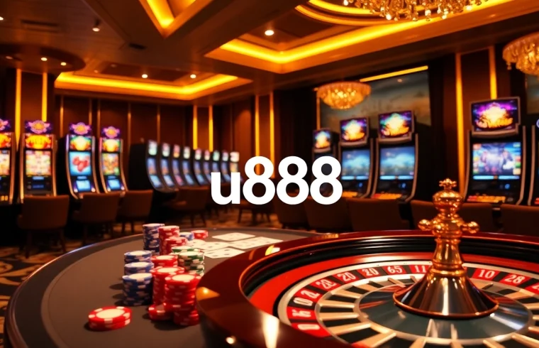 Experience the excitement of u888 at a luxurious online casino table with vibrant gaming elements.
