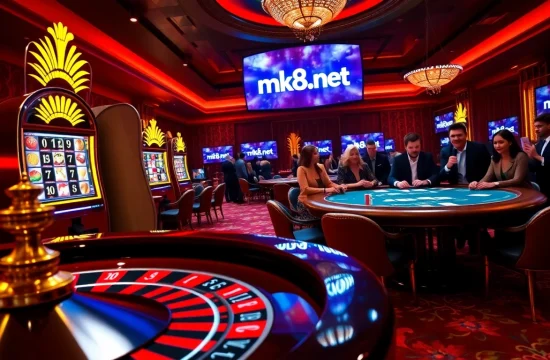 Engaging gamblers at mk8th.net with a luxurious casino scene featuring roulette, poker, and vibrant slots.