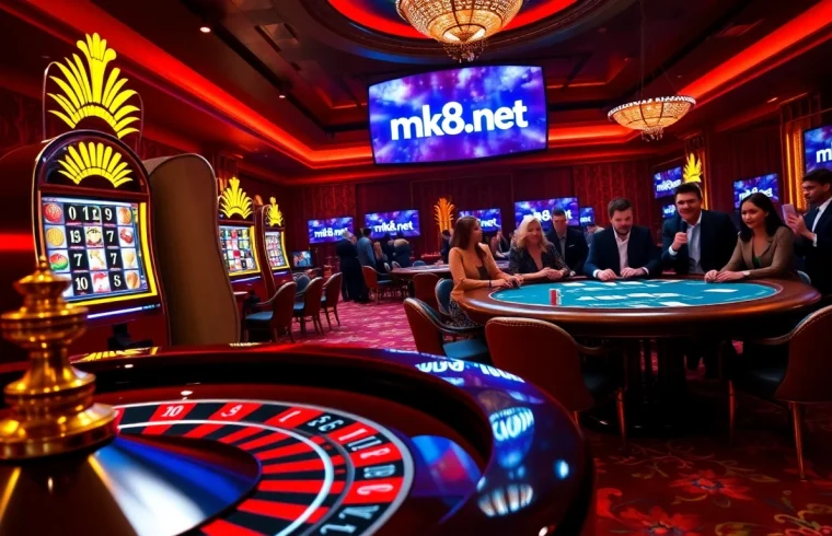 Engaging gamblers at mk8th.net with a luxurious casino scene featuring roulette, poker, and vibrant slots.