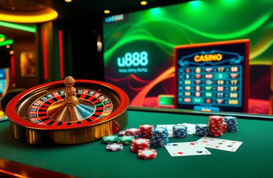 Enjoy an exciting game at u888 with a vibrant casino setup showcasing roulette and slot machines.