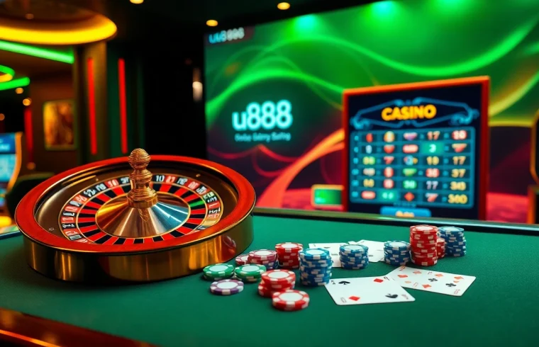 Enjoy an exciting game at u888 with a vibrant casino setup showcasing roulette and slot machines.