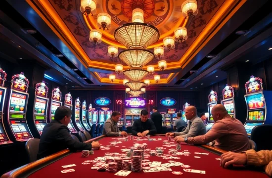 Engaging poker game at 79king casino with vibrant slot machines and colorful chips.