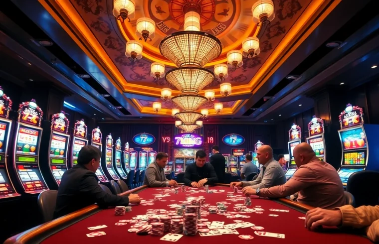 Engaging poker game at 79king casino with vibrant slot machines and colorful chips.