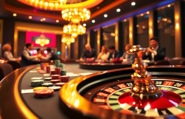 A dynamic casino scene showcasing the 789 club with poker chips, cards, and a roulette wheel, capturing the thrill of gambling.
